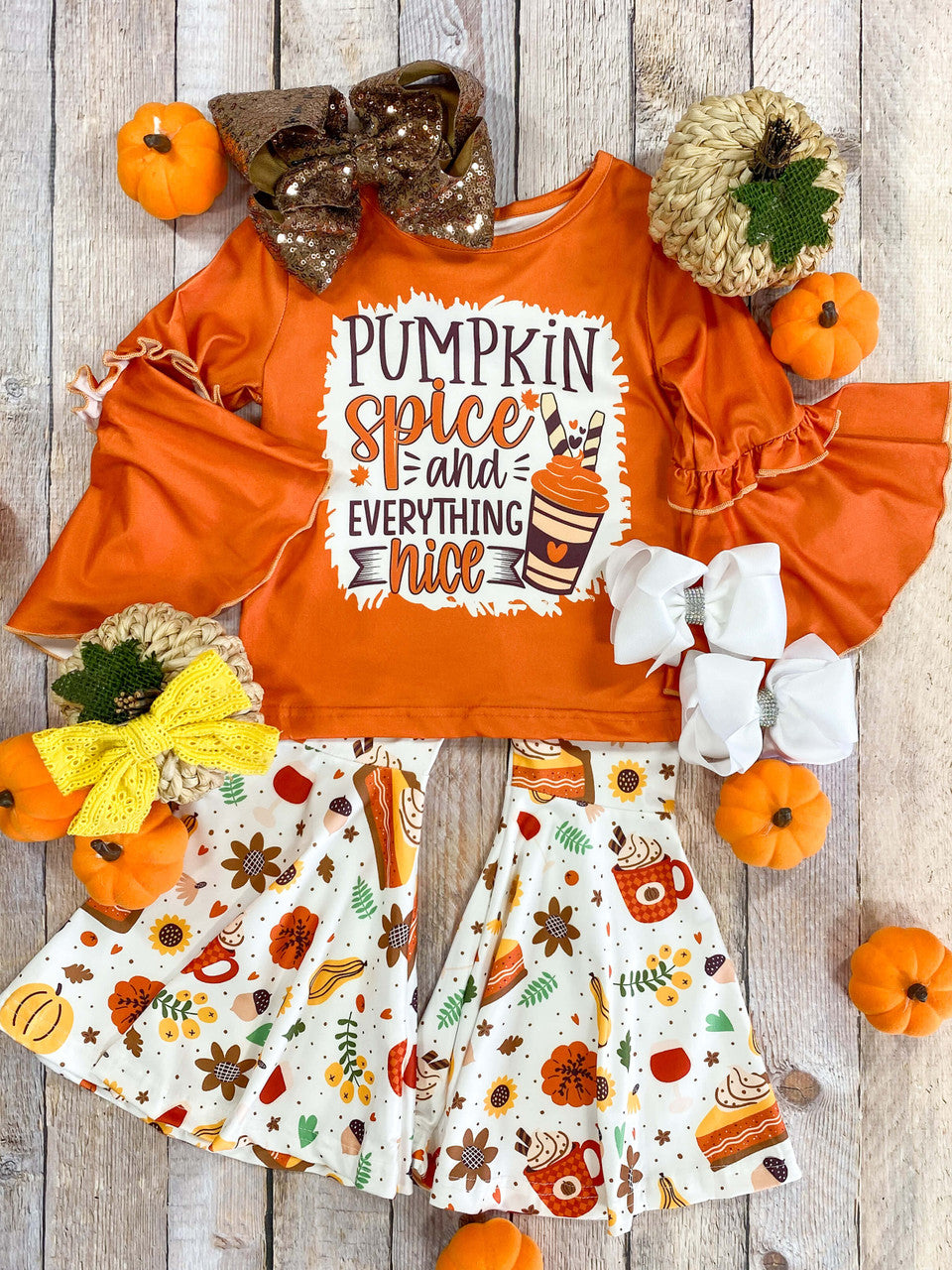 Baby Girls Clothes Orange Pumpkin Coffee Cups Top Bell Pants Clothes Sets Preorder GLP1637