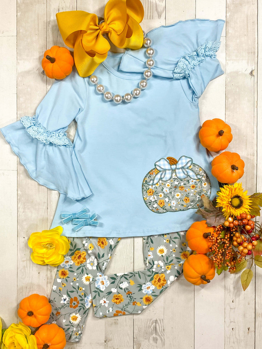 Baby Girls Clothes Blue Pumpkin Tunic Tops Floral Legging Outfits Preorder GLP1639