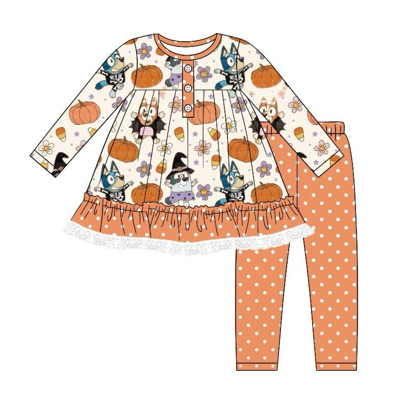 Baby Girls Clothes Halloween Dog Pumpkin Flowers Tunic Top Legging Sets Preorder GLP1651