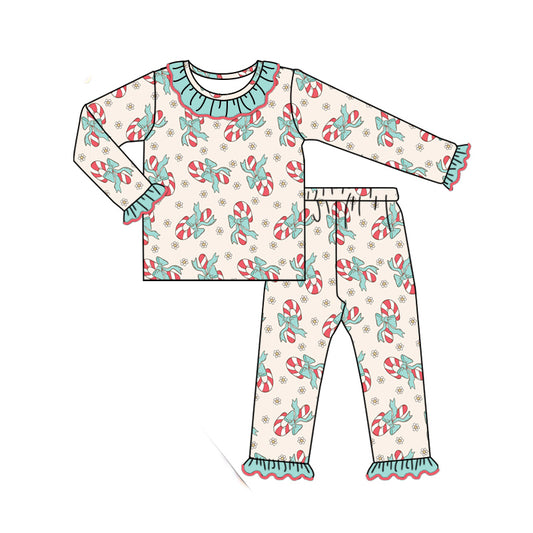 Baby Girls Pajamas Christmas Candy Cane Flowers Top Pants Sleepwear Sets Preorder GLP1667