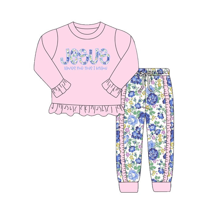 Baby Girls Clothes Pink Jesus Top Ruffle Floral Pants Sets Preorder GLP1670