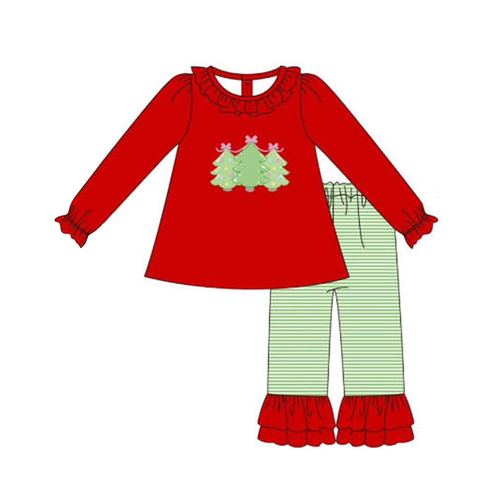 Baby Girls Clothes Red Christmas Tree Tunic Ruffle Pants Sets Preorder GLP1672