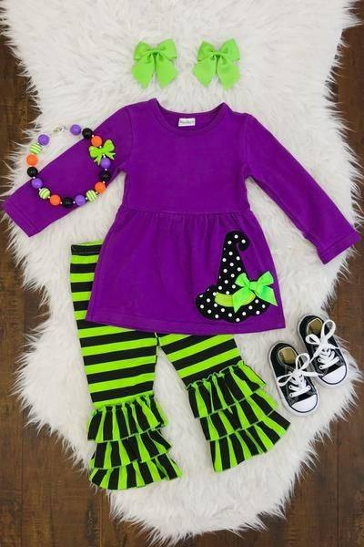 Baby Girls Clothes Purple Hats Halloween Tunic Top Ruffle Pants Sets Preorder GLP1681