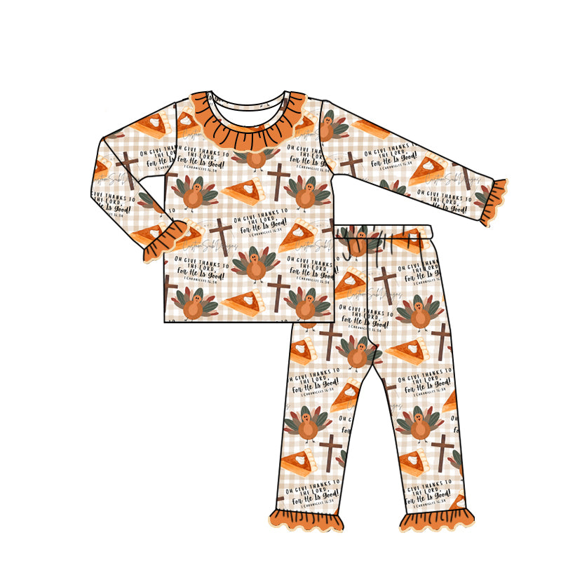 Baby Girls Pajamas Thanksgiving Turkey Cross Top Pants Pajamas Sets Preorder GLP1686