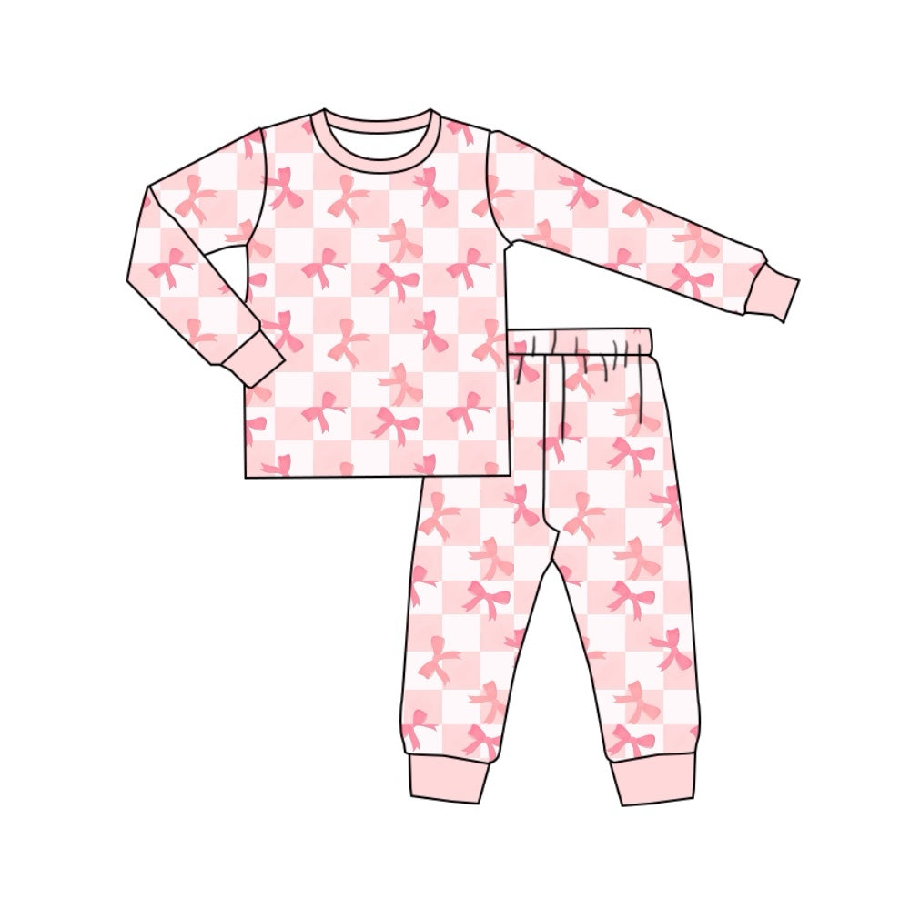 Baby Girls Pajamas Pink Checkered Bows Shirt Pants Pajamas Sets Preorder GLP1709