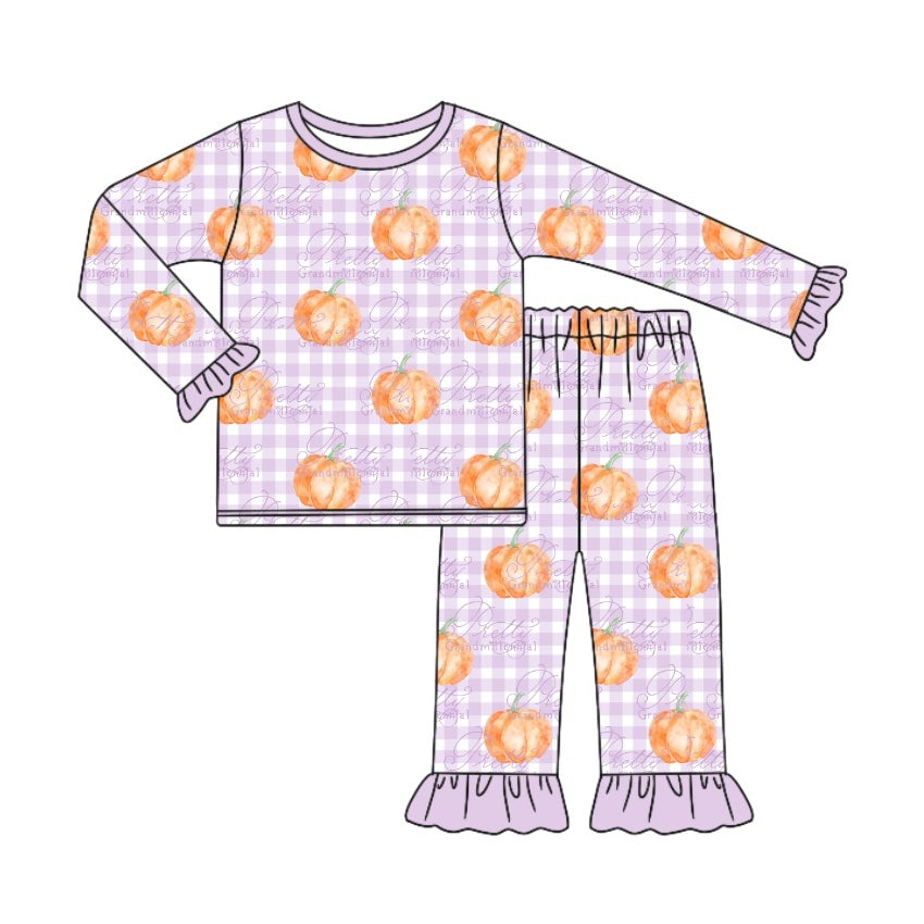 Baby Girls Pajamas Halloween Checkered Pumpkin Shirt Pants Pajamas Sets Preorder GLP1713