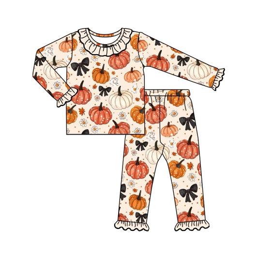 Baby Girls Pajamas Fall Bows Pumpkins Shirt Pants Pajamas Sets Preorder GLP1714