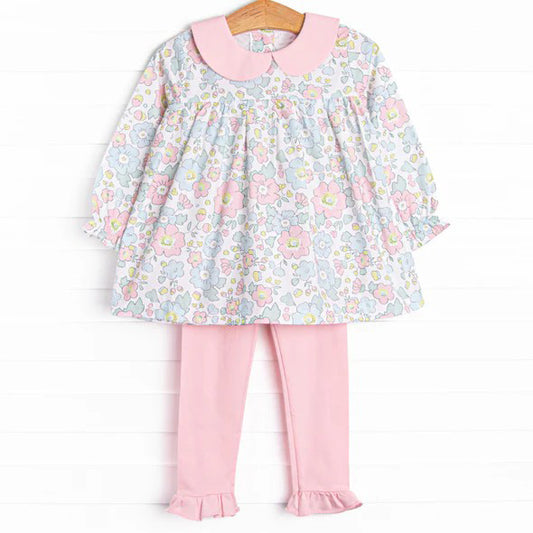 Baby Girls Clothes Pink Flowers Tunic Top Ruffle Pants Sets Preorder GLP1723