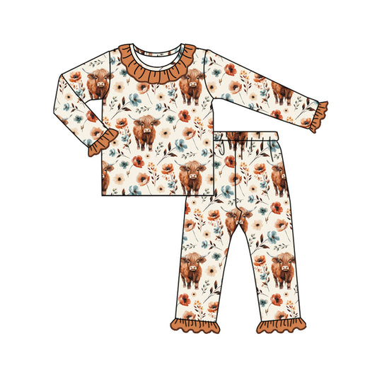 Baby Girls Pajamas Western Flowers Highland Cow Top Pants Pajamas Sets Preorder GLP1725