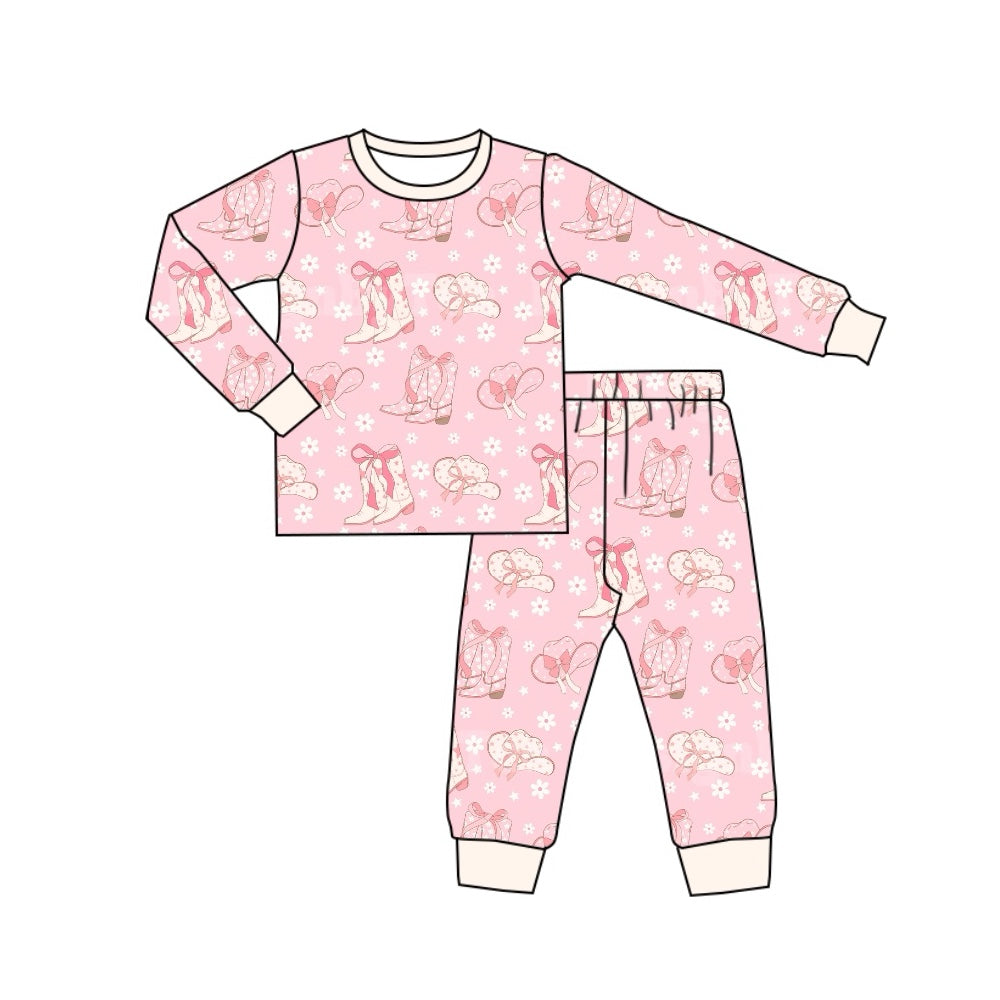 Baby Girls Pajamas Pink Flowers Boots Bows Top Pants Pajamas Sets Preorder GLP1726