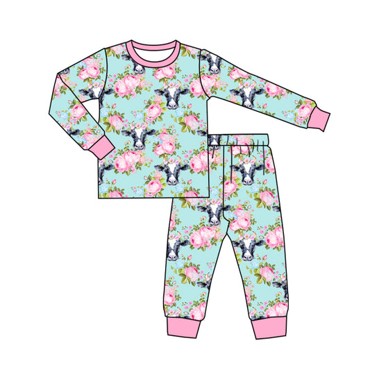 Baby Girls Pajamas Pink Western Cows Flowers Top Pants Pajamas Sets Preorder GLP1736