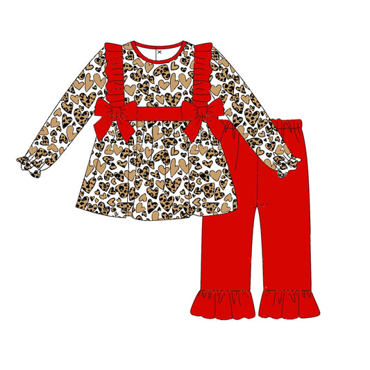 Baby Girls Clothes Leopard Heart Bow Tunic Top Ruffle Pants Sets Preorder GLP1766