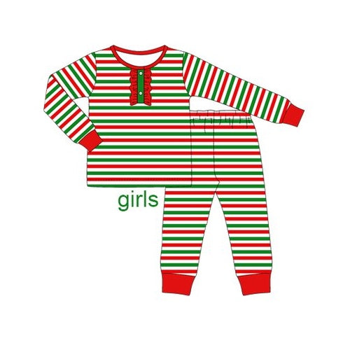 Baby Girls Pajamas Christmas Stripes Ruffle Top Pants Pajamas Sets Preorder GLP1771