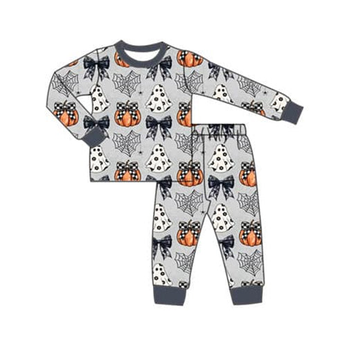 Baby Girls Pajamas Halloween Ghosts Bows Grey Pajamas Sets Preorder GLP1784