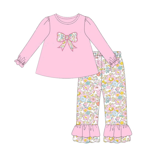 Baby Girls Clothes Pink Flowers Bow Tunic Tops Ruffle Pants Outfits preorder GLP1836