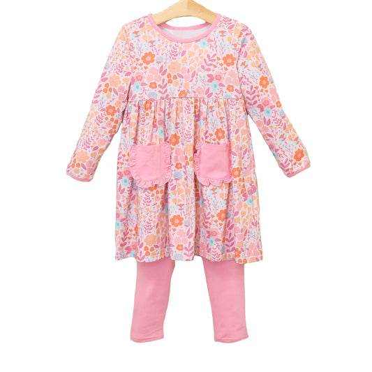 Baby Girls Clothes Pink Flowers Pockets Tunic Top Legging Sets Preorder GLP1854