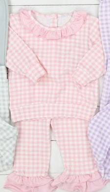 Baby Girls Pajamas Pink Checkered Ruffle Top Pants Pajamas Sets Preorder GLP1856