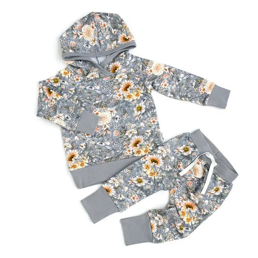 Baby Girls Clothes Grey Flowers Hooded Top Pants Outfits Preorder GLP1858