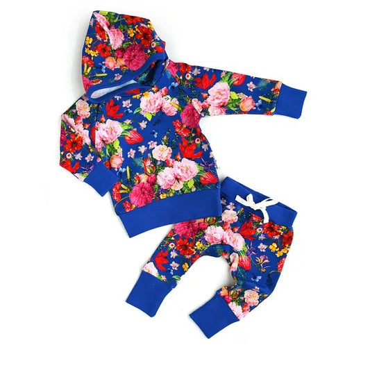 Baby Girls Clothes Blue Flowers Hooded Top Pants Outfits Preorder GLP1859