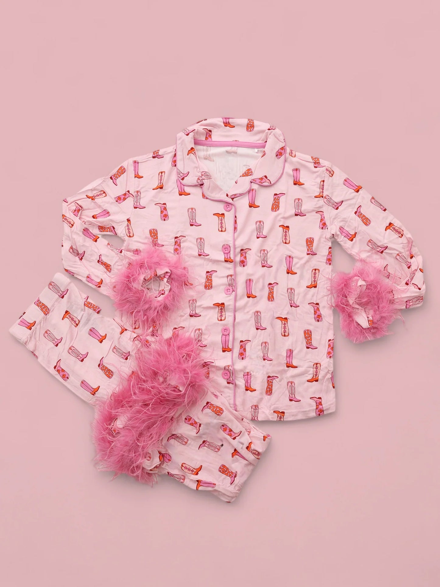 Baby Girls Pajamas Western Pink Boots Fur Top Pants Pajamas Sets Preorder GLP1868