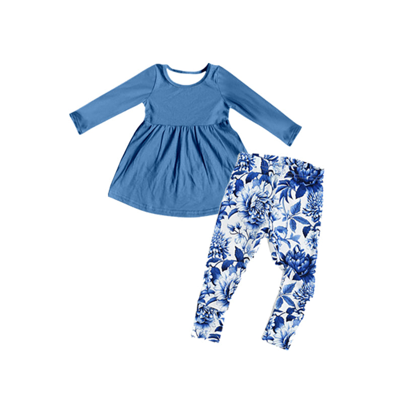 Fall Baby Girls Clothes Blue Tunic Tops Floral Legging Sets Preorder GLP1885