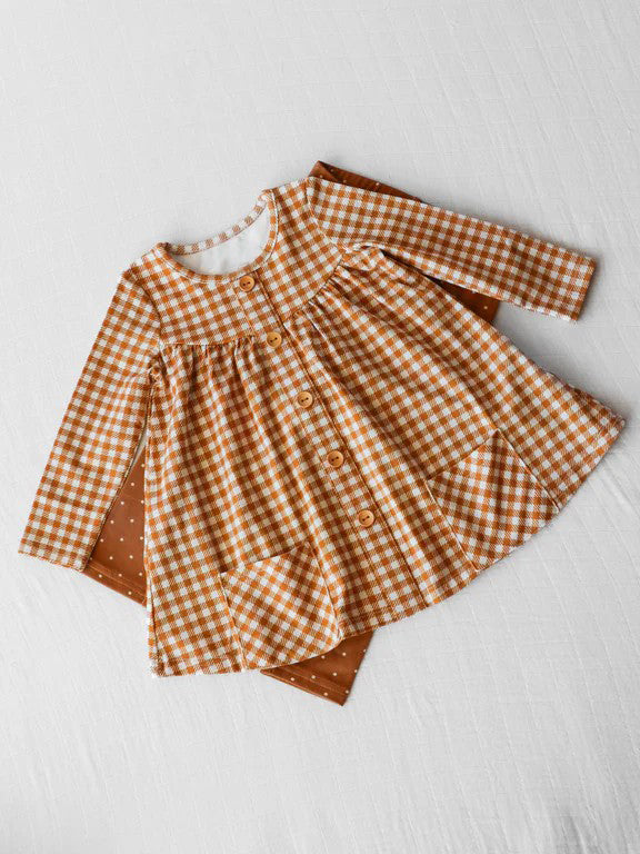 Baby Girls Clothes Fall Khaki Checked Tunic Tops Legging Sets Preorder GLP1895