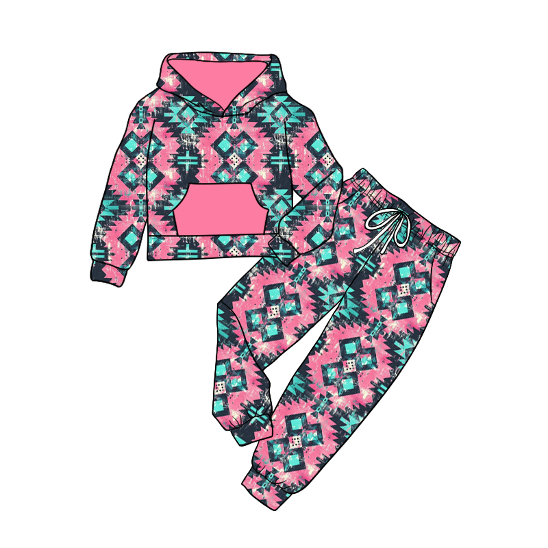 Baby Girls Clothes Pink Hooded Aztec Tops Pants Sets Preorder GLP1906