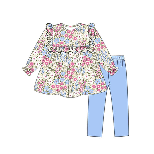 Baby Girls Clothes Blue Flowers Tunic Tops Legging Sets Preorder GLP1926