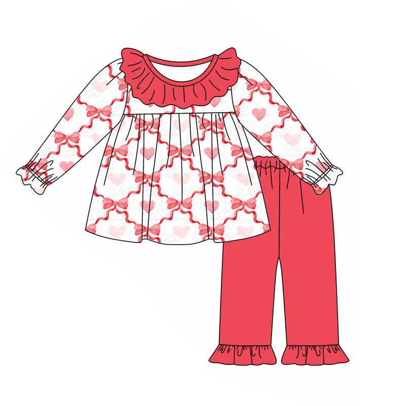 Baby Girls Clothes Valentines Hearts Bows Tunic Tops Ruffle Pants Clothes Sets Preorder GLP1934