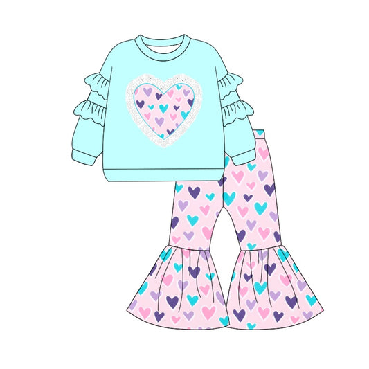 Baby Girls Clothes Aqua Hearts Top Bell Pants Clothes Sets Preorder GLP1956