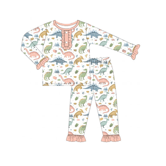 Baby Girls Pajamas Pink Dinosaurs Ruffle Top Pants Pajamas Sets Preorder GLP1969