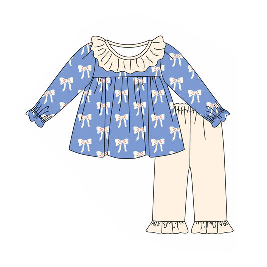 Baby Girls Clothes Blue Bows Ruffle Tunic Tops Pants Sets Preorder GLP1972