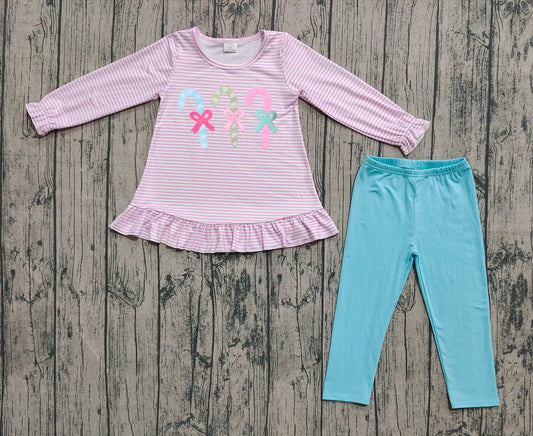 Embroidery Baby Girls Clothes Pink Stripe Long Ruffle Sleeves Candy Cane Tunic Blue Legging Pant Set Preorder GLP2468 8.2