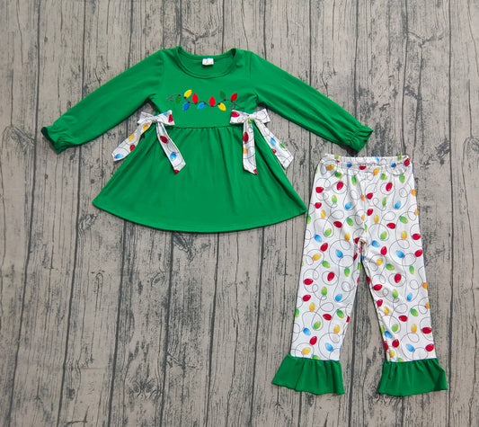 Embroidery Baby Girls Clothes Dark Green Long Ruffle Sleeves Lights Bows Tunic Pant Set Preorder GLP2491 8.2