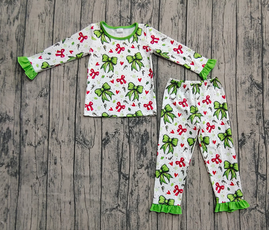 Baby Girls Pajamas Christmas Green Red Bows Hearts Top Pant Pajamas Sets Preorder GLP2628 8.2