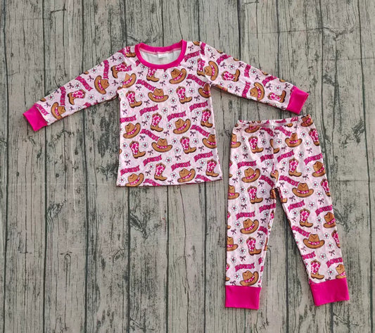 Baby Girls Pink Checked Flowers Howdy Top Pant Western Pajamas Sets Preorder 10.25