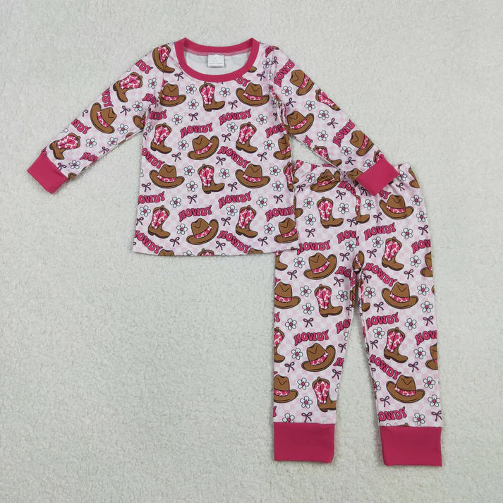 Baby Girls Pajamas Pink Checked Flowers Howdy Top Pant Western Pajamas Sets GLP2664 11.1