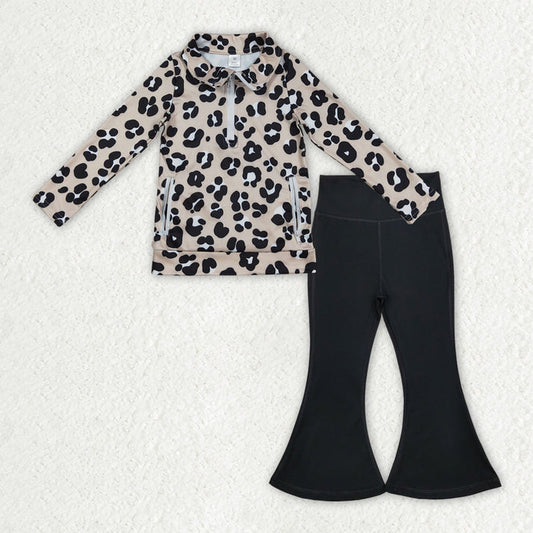 Baby Girls Black Leopard Pockets Zipper Jackets Bell Bottom Pants Yoga Active Clothes Sets GLP2900