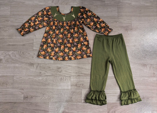 Embroidery Deer Baby Girls Green Leaves Camo Tunic Ruffle Pants Western Clothes Preorder GLP2908