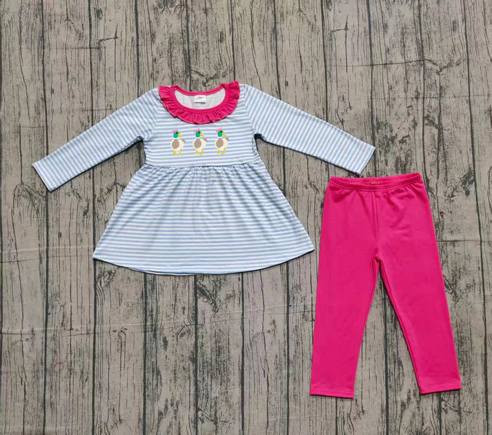 Embroidery Ducks Baby Girls Stripe Tunic Legging Pants Clothes Sets Preorder 10.27