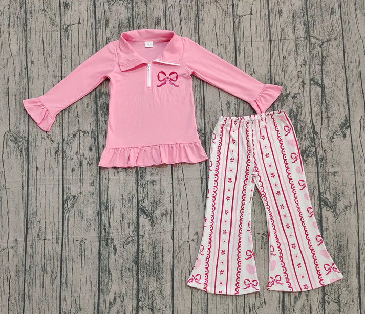 Embroidery Bow Baby Girls Pink Zipper Pullovers Flowers Stripe Bell Bottom Pants Clothes Set Preorder 10.25