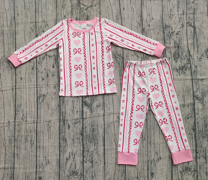Baby Girls Pink Bows Hearts Stripe Top Pant Valentine Pajamas Sets Preorder 10.25