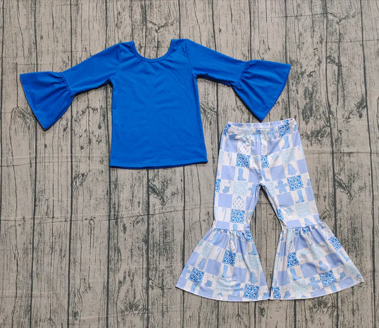 Baby Girls Blue Top Santa Gingerbread Bell Bottom Pant Christmas Clothes Set Preorder 10.24