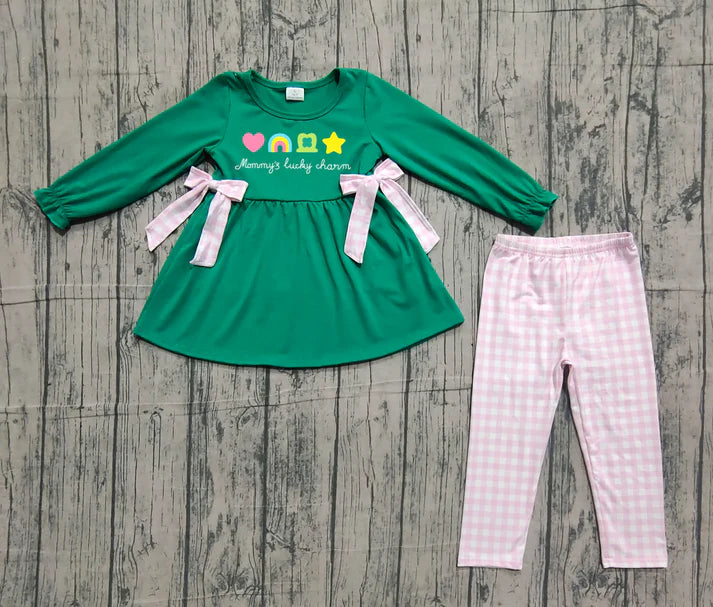 Embroidery Clovers Bows Baby Girls Tunic Checked Leggings St Patrick Clothes Sets Preorder GLP3066 11.17