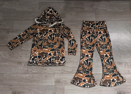Baby Girls Dark Brown Camo Ruffle Hoodies Bell Bottom Pants Southern Clothes Sets Preorder GLP3078