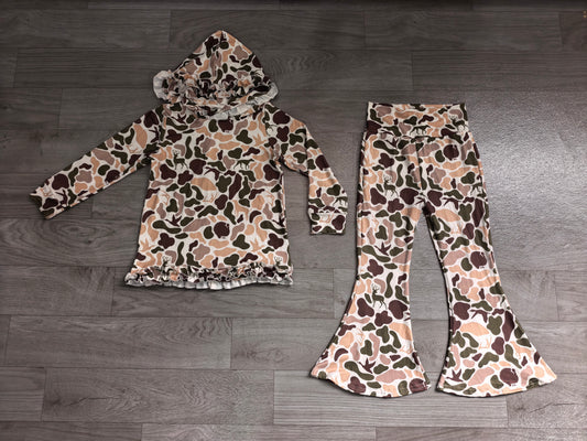 Baby Girls Ducks Deer Camo Ruffle Hoodies Bell Bottom Pants Southern Clothes Sets Preorder GLP3079