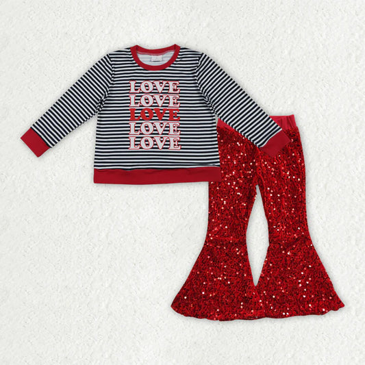 Baby Girls Black Stripe Hearts Love Top Red Sequin Bell Bottom Pants Valentine Clothes Sets GLP3084 11.5