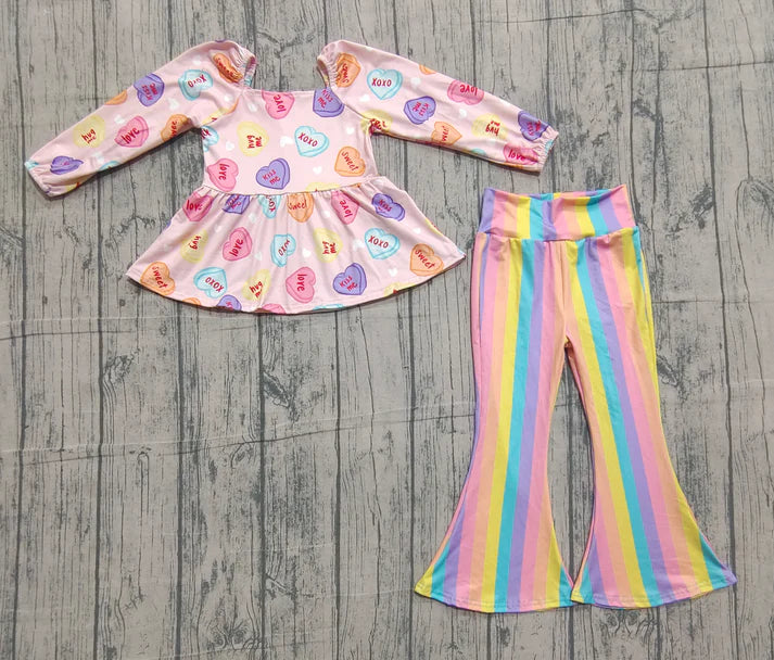 Baby Girls Colorful Hearts Tunic Stripe Bell Bottom Pant Valentines Clothes Sets Preorder GLP3118 11.18