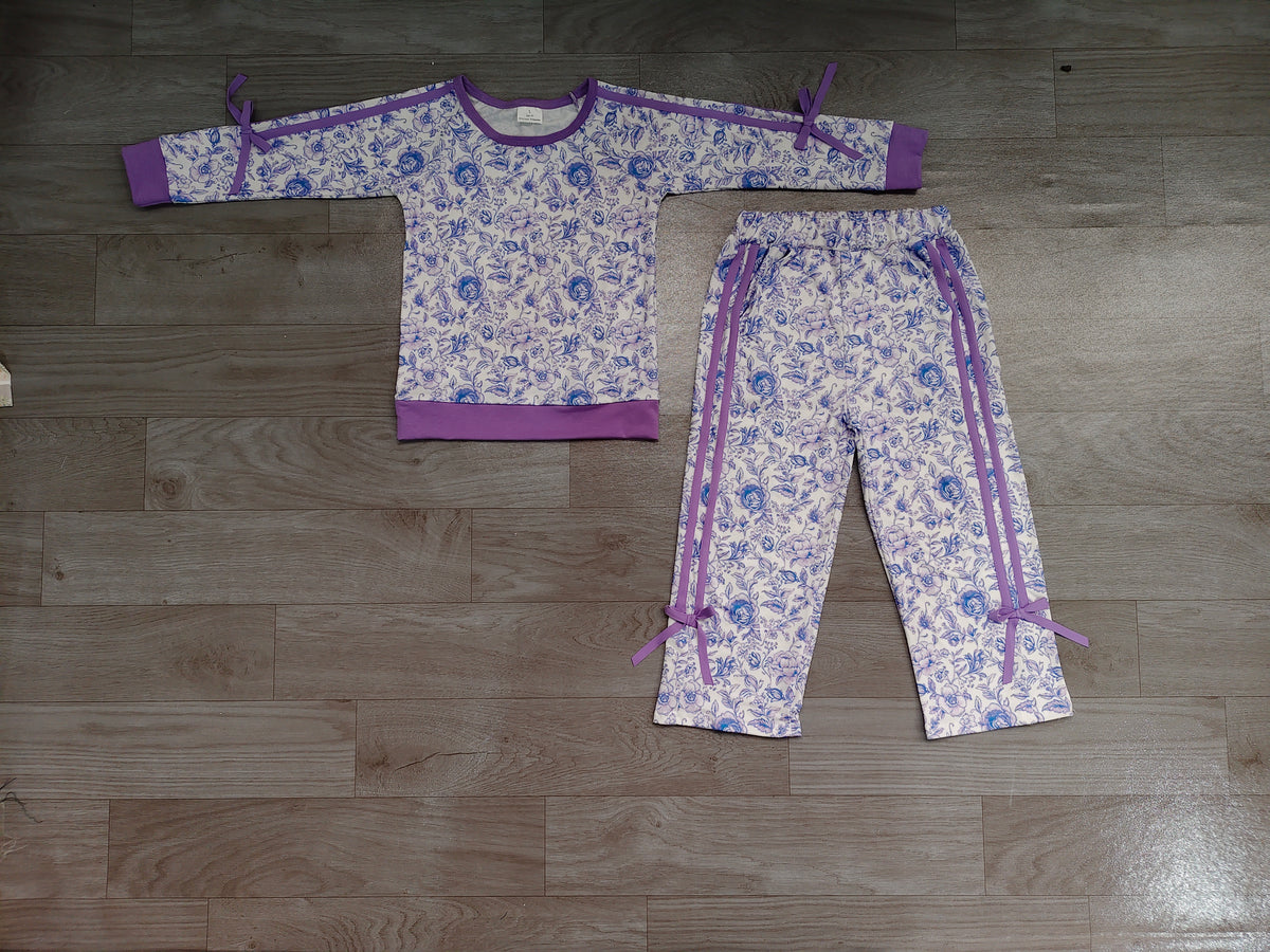 Baby Girls Clothes Purple Flowers Top Pockets Flare Pant Fall Clothes Sets Preorder GLP3365