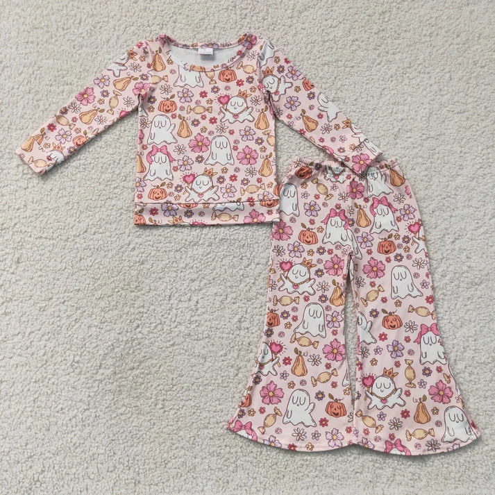Sibling Baby Girls Ghost Pumpkins Flowers Top Flare Pant Halloween Sets